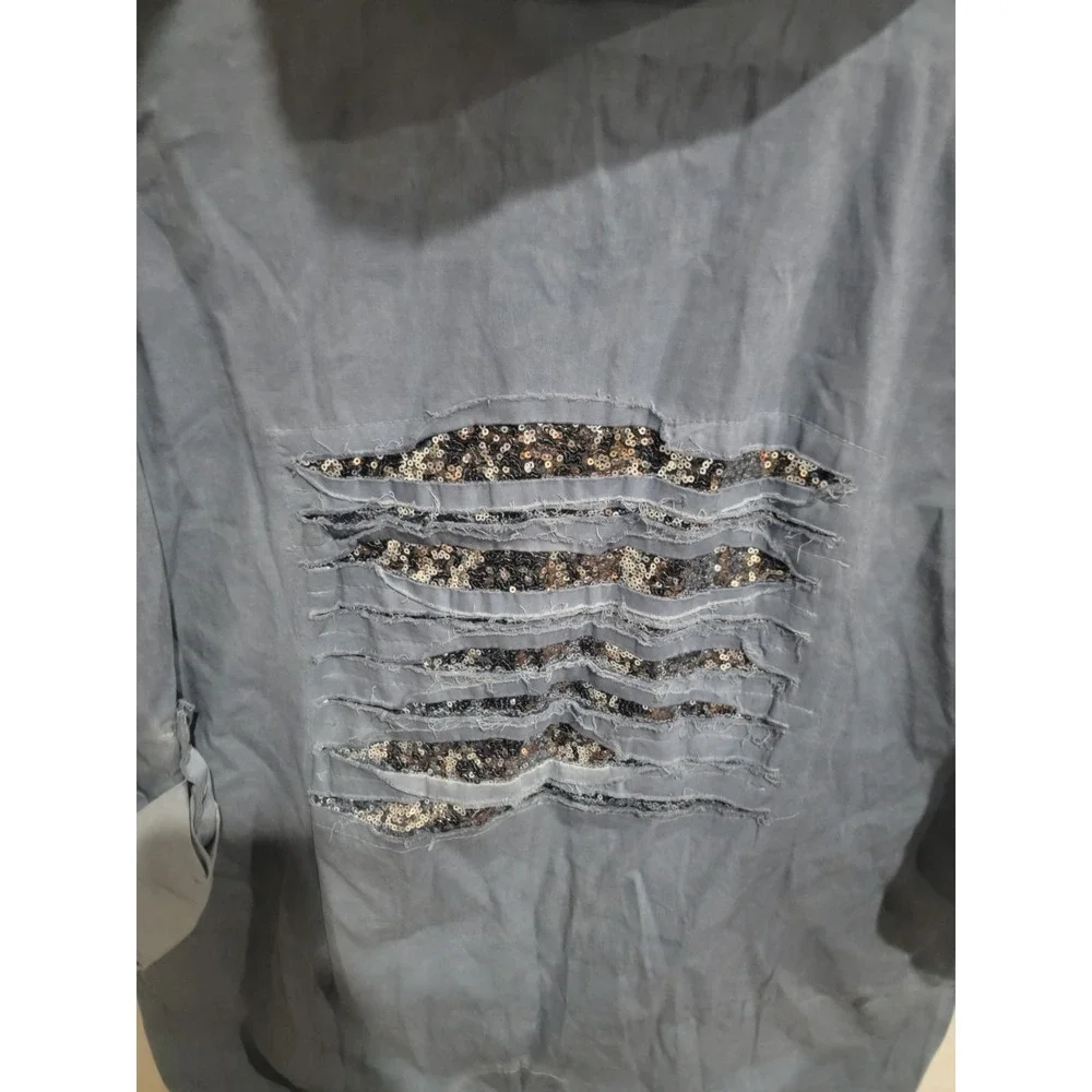 SIRELY'S Couture‎ Italy Blue Shredded Sequin Back Hood Jacket Boho Lagenlook OS